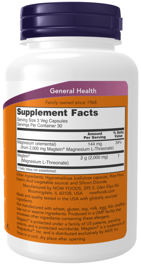 NOW Foods, Magtein®, Magnesium L-Threonate, 2,000 mg, 90 Veg Capsules (66.6 mg per Capsule)
