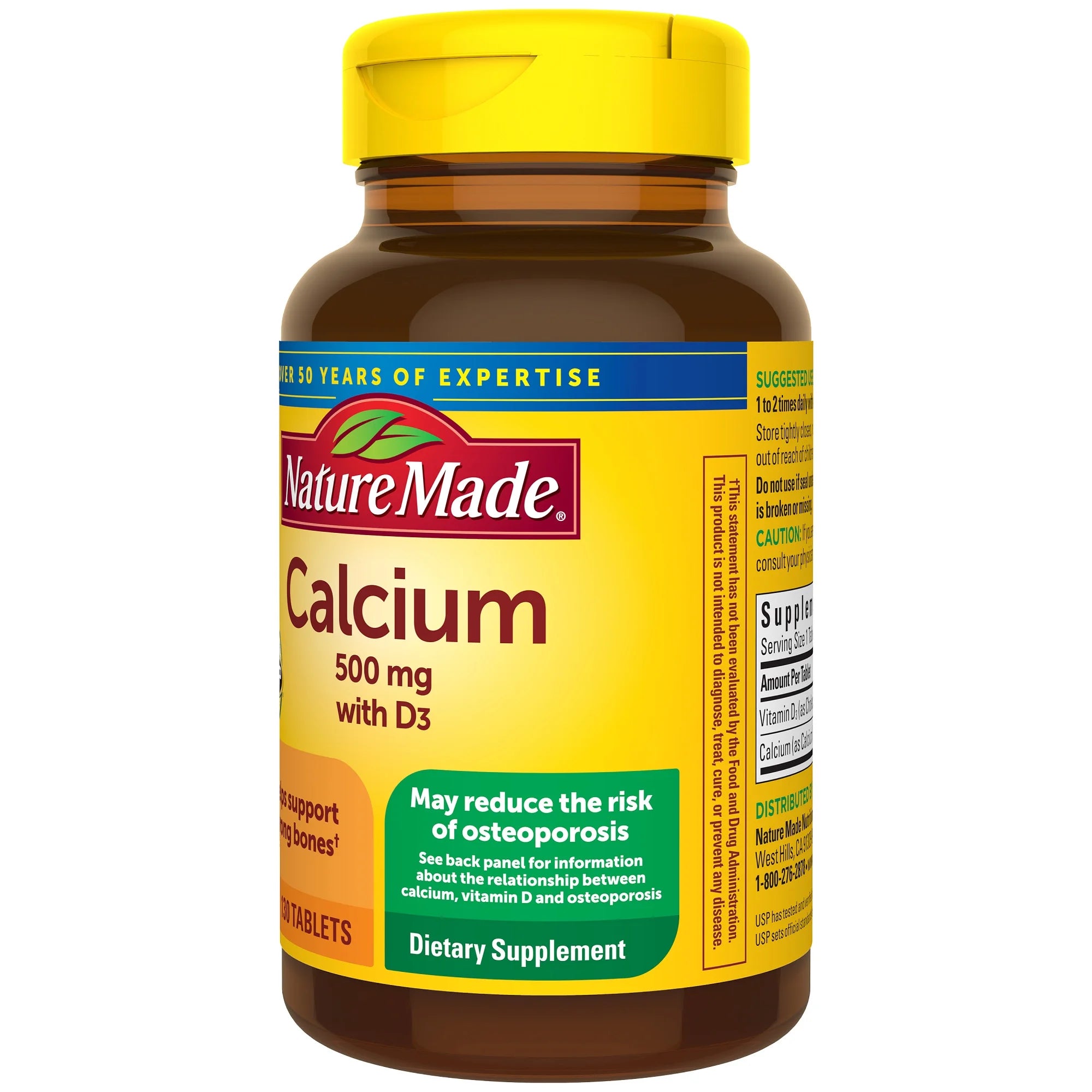 Nature Made Calcium 500 mg, with Vitamin D3 for Immune Support, Tablets, 130 Count helps support Bone Strength