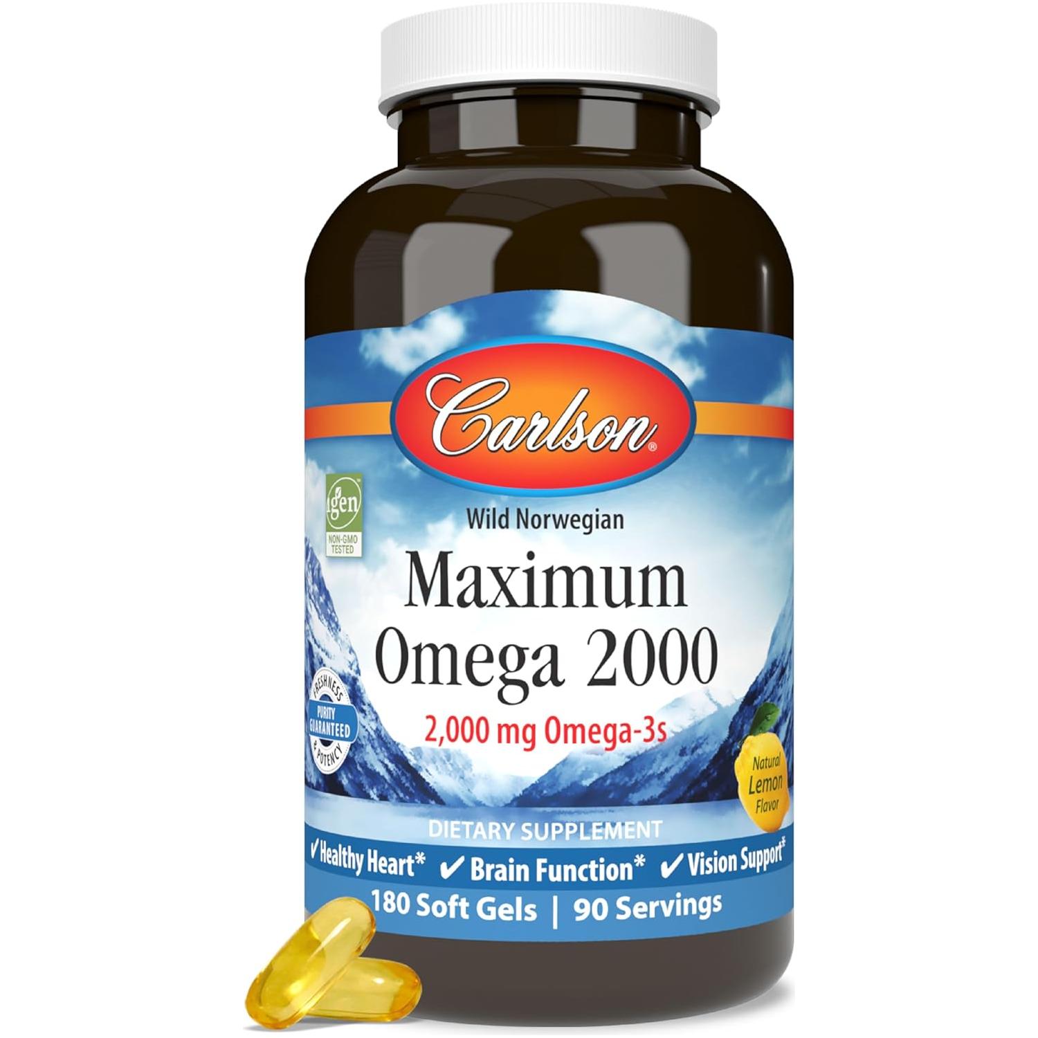 Carlson - Maximum Omega 2000, 2000 mg Omega-3 Fatty Acids, Lemon, 180 Softgels