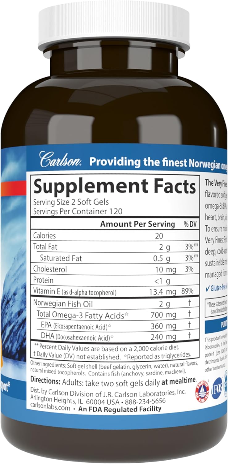 Carlson, The Very Finest Fish Oil, Natural Lemon, 700 mg, 240 Soft Gels (350 mg per Soft Gel)