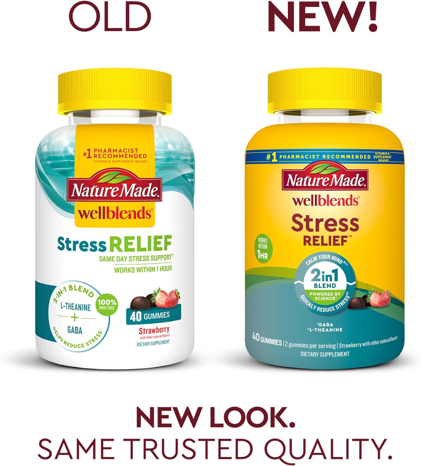 Nature Made Wellblends Stress Relief Gummies, L theanine 200mg to Help Reduce Stress, with GABA 100mg, Same Day Stress Support, 40 Strawberry Flavor Gummies