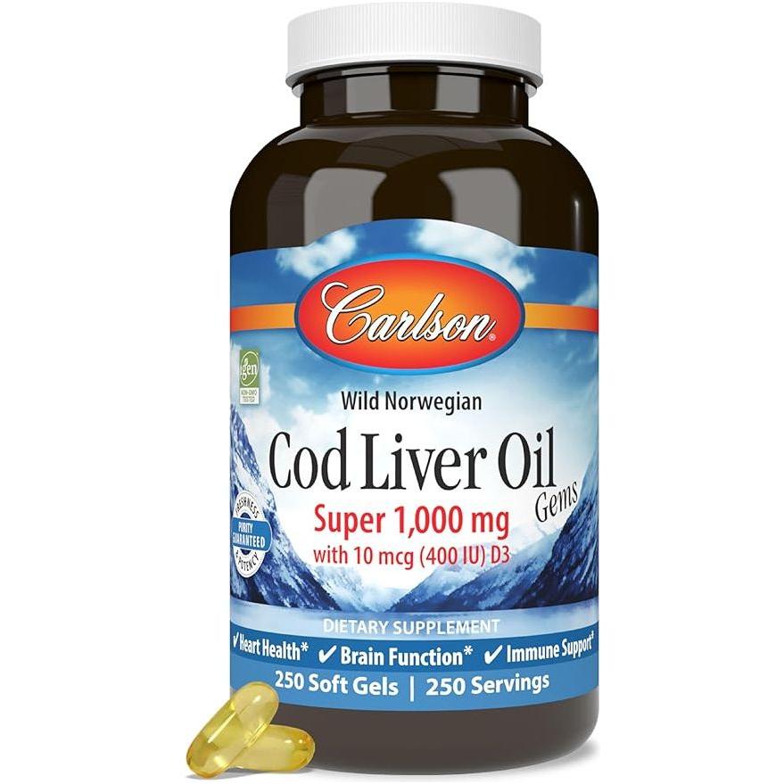 Carlson, Wild Norwegian, Cod Liver Oil Gems, 1,000 mg, 250 Soft Gels