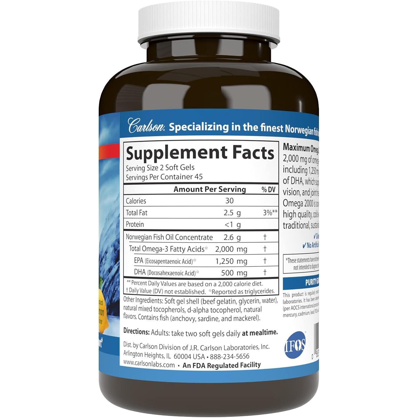 Carlson - Maximum Omega 2000 mg Omega-3 Fatty Acids Lemon - 90 Softgels