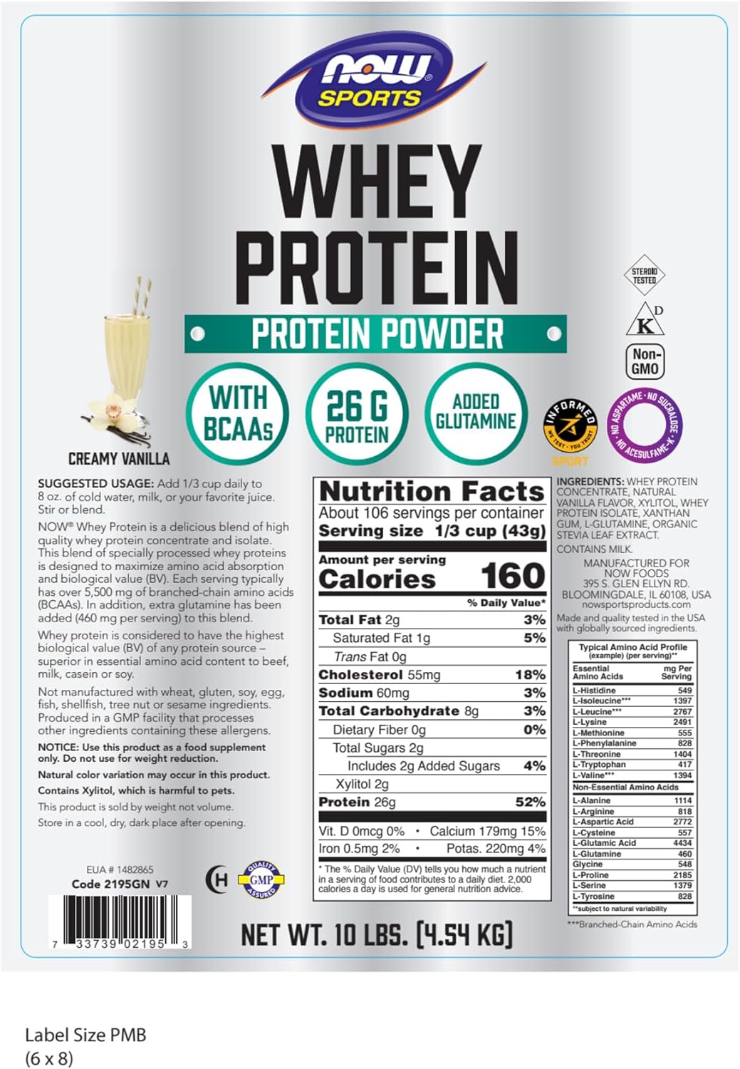 NOW Foods Sports Nutrition, Whey Protein, 26 G With BCAAs, Creamy Vanilla Powder, 10-Pound