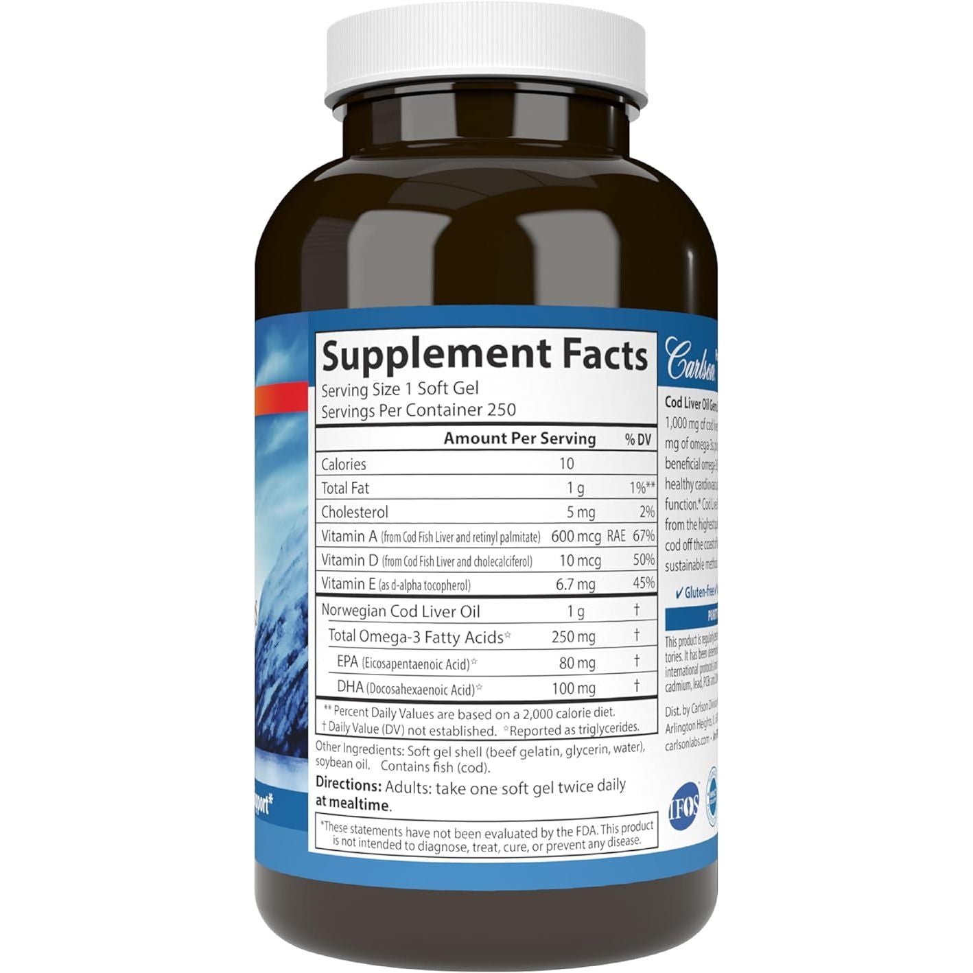 Carlson, Wild Norwegian, Cod Liver Oil Gems, 1,000 mg, 250 Soft Gels