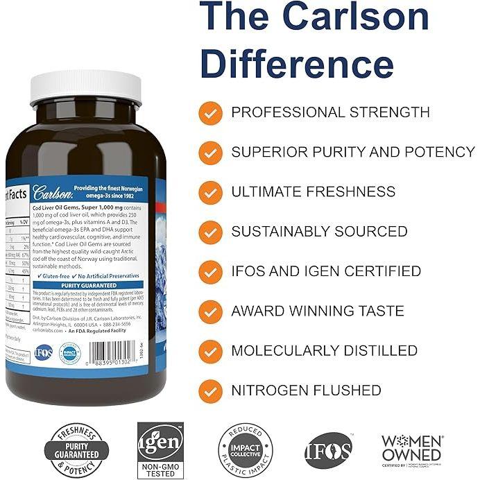 Carlson, Wild Norwegian, Cod Liver Oil Gems, 1,000 mg, 250 Soft Gels