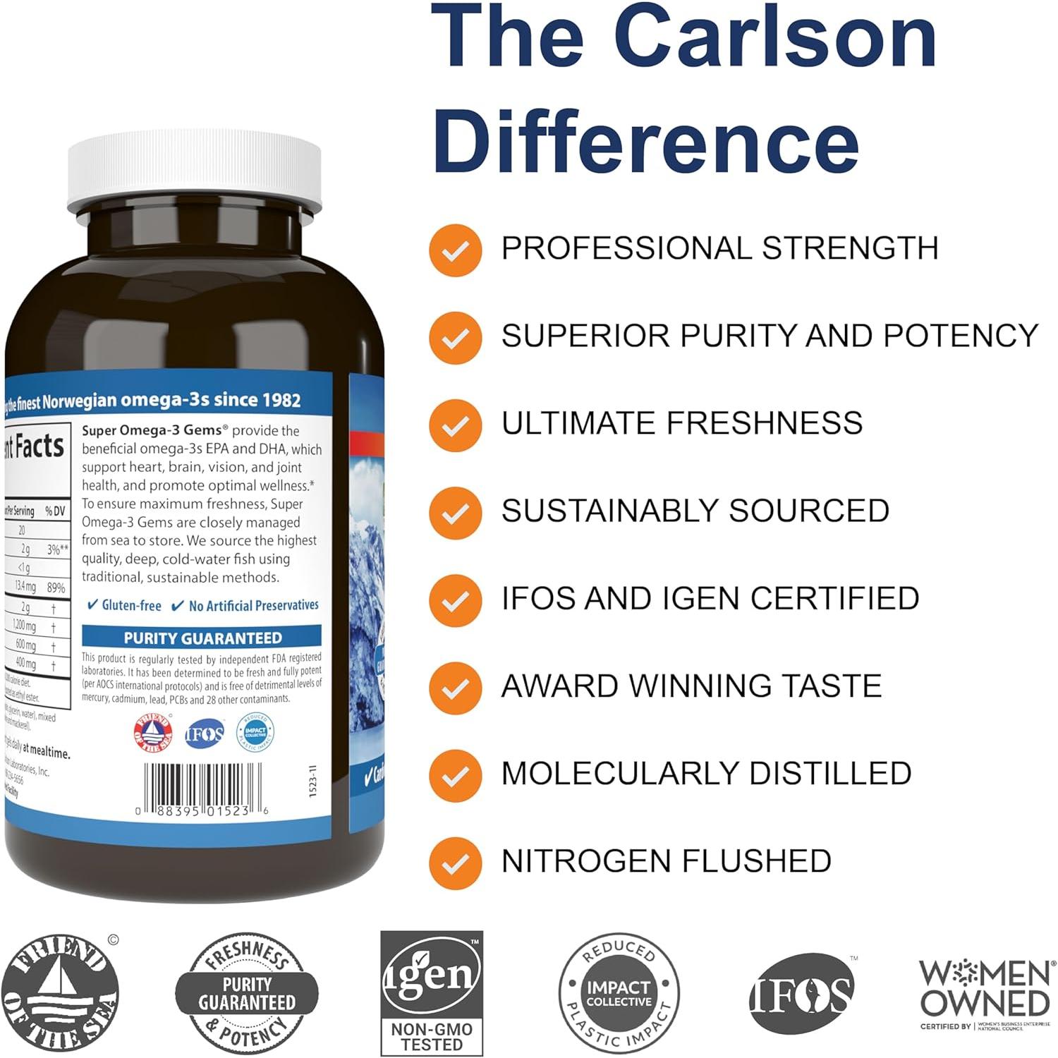 Carlson - Super Omega-3 Gems, 1200 mg Omega-3 Fatty Acids Sustainably Sourced Capsules 300 Softgels