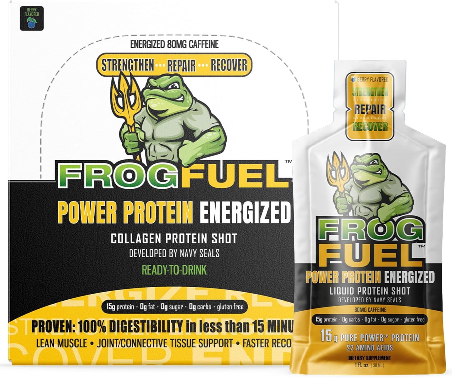 Frog Fuel Power Energized Protein Shot, 80mg Caffeine, Berry, 1 oz Packets, 24 Pack