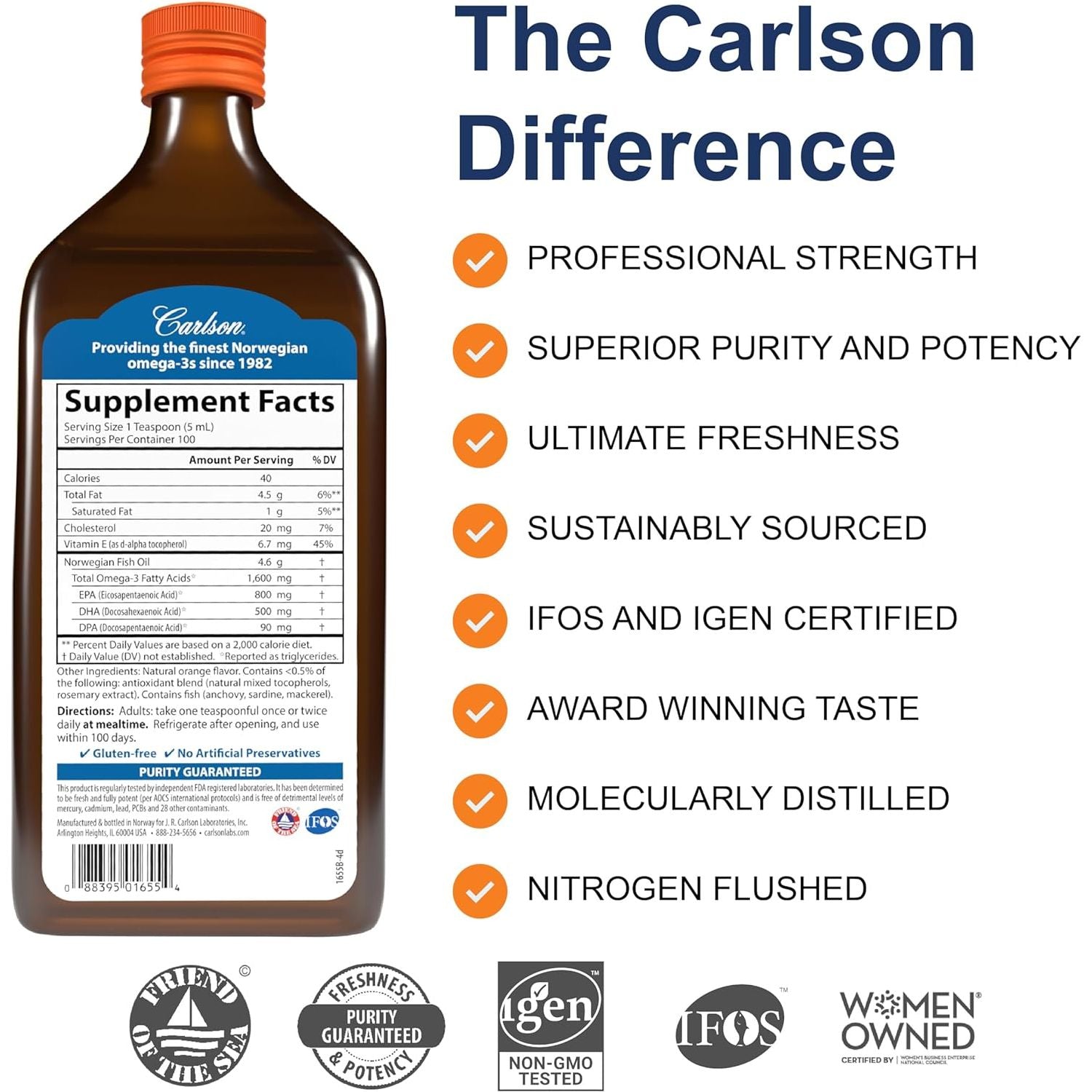 Carlson, Norwegian, The Very Finest Fish Oil, Natural Orange , 1,600 mg, 16.9 fl oz (500 ml)