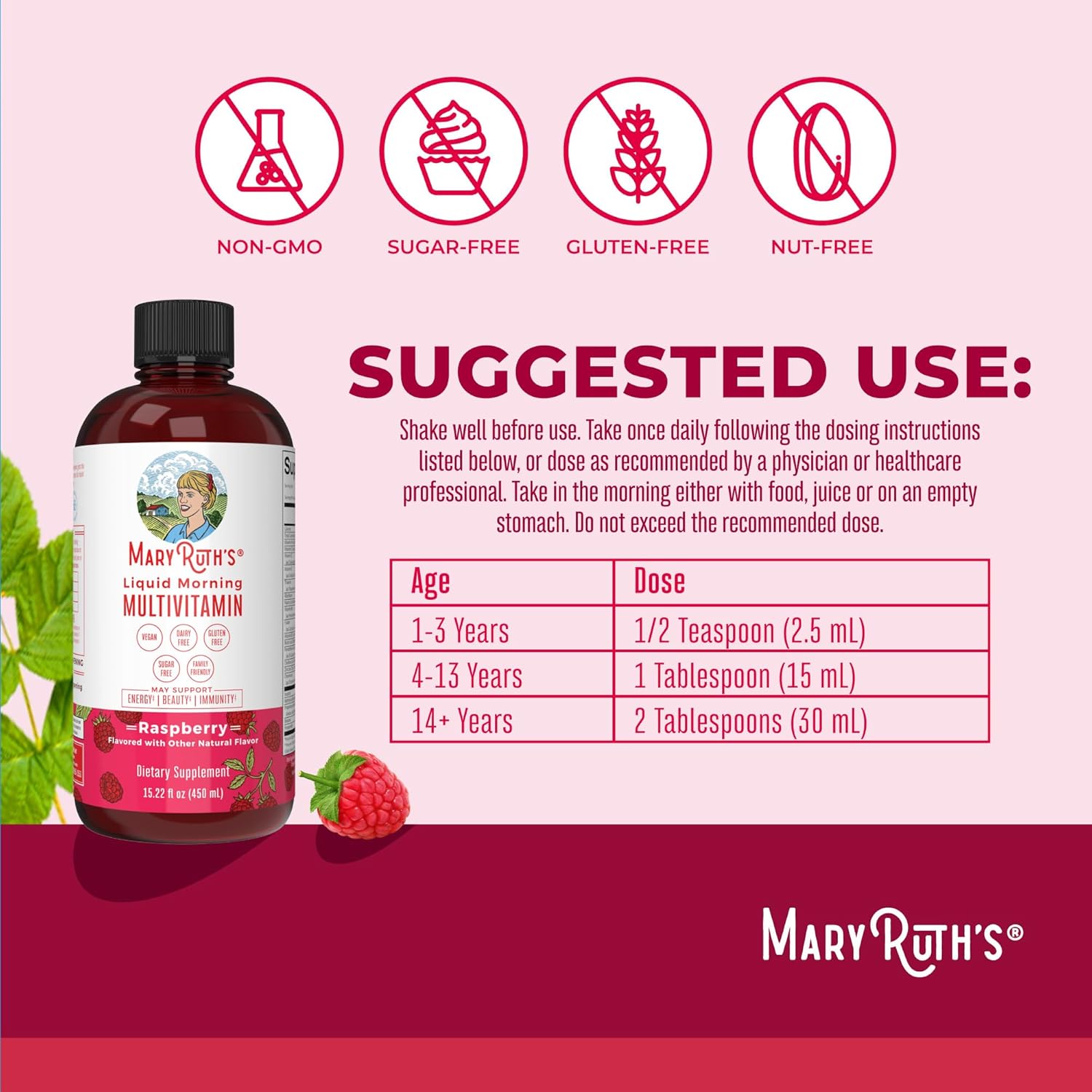 MaryRuth's, Liquid Morning Multivitamin, Raspberry, 15.22 fl oz (450 ml)