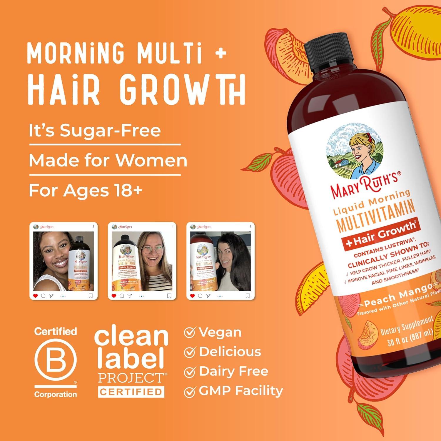 MaryRuth's, Liquid Morning Multivitamin + Hair Growth , Peach Mango, 30 fl oz (887 ml)