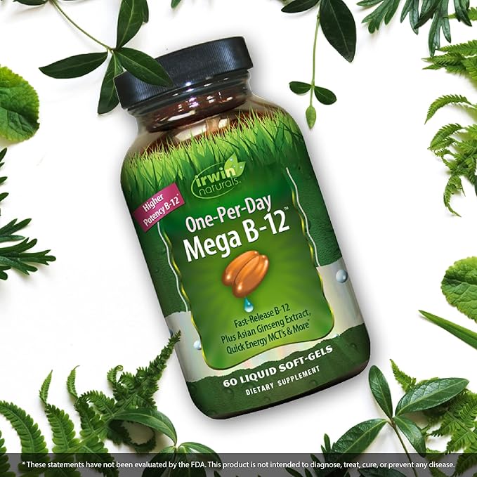 Irwin Naturals One-Per-Day Mega B-12 1,500mcg High Potency Methylcobalamin Vitamin - Fast Enhanced Absorption with MCT + Asian Ginseng - Natural Energy Boost - 60 Liquid Softgels
