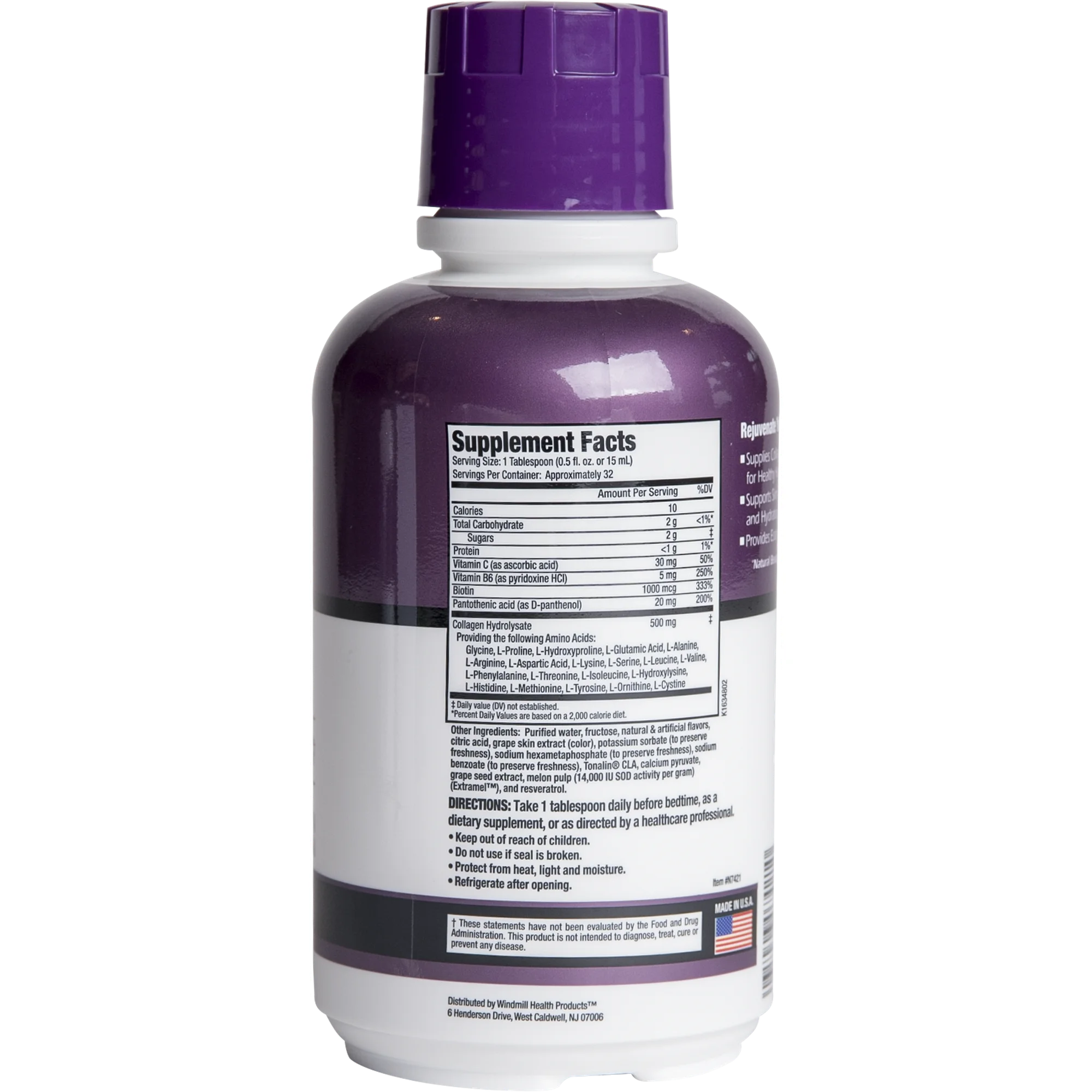 Rejuvicare Liquid Collagen Beauty Formula with Amino Acids, Protein and Biotin, Delicious Grape Flavor, 32 servings