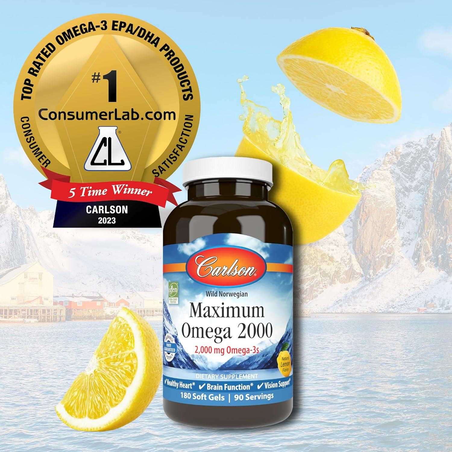 Carlson - Maximum Omega 2000, 2000 mg Omega-3 Fatty Acids, Lemon, 180 Softgels