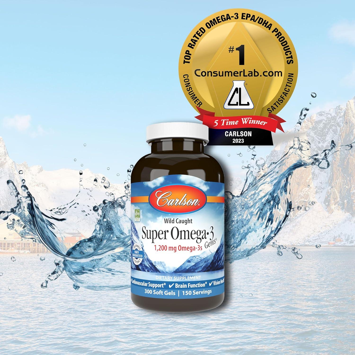 Carlson - Super Omega-3 Gems, 1200 mg Omega-3 Fatty Acids Sustainably Sourced Capsules 300 Softgels