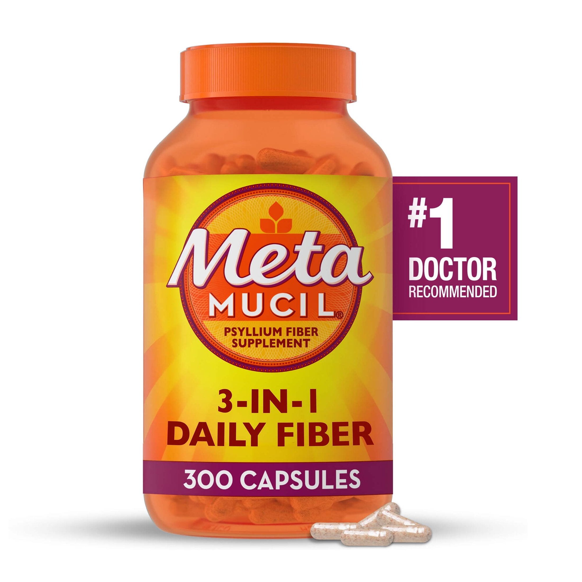 Metamucil Fiber Supplement, Psyllium Fiber Capsules for Adults Daily Digestive Health, 300 Count