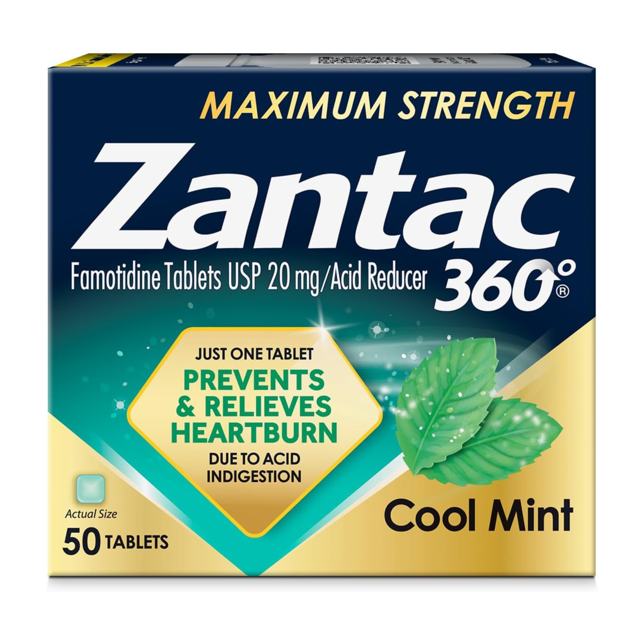 Zantac 360 Maximum Strength, Cool Mint, 50 Count, Heartburn Prevention & Relief, 20mg Tablets
