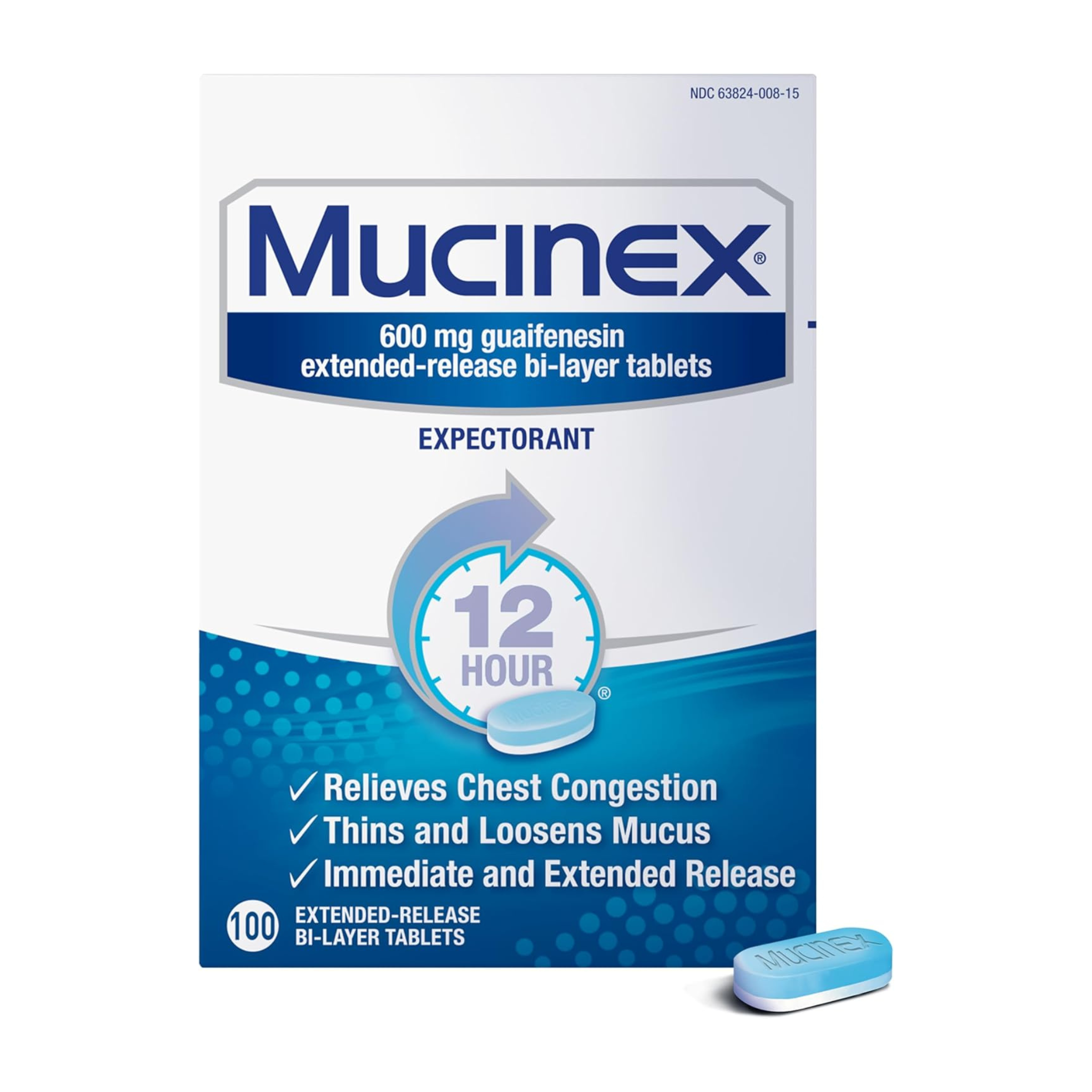 Mucinex 12 Hour Expectorant, OTC Medicine for Excess Mucus Relief, Chest Congestion, 100 Tablets