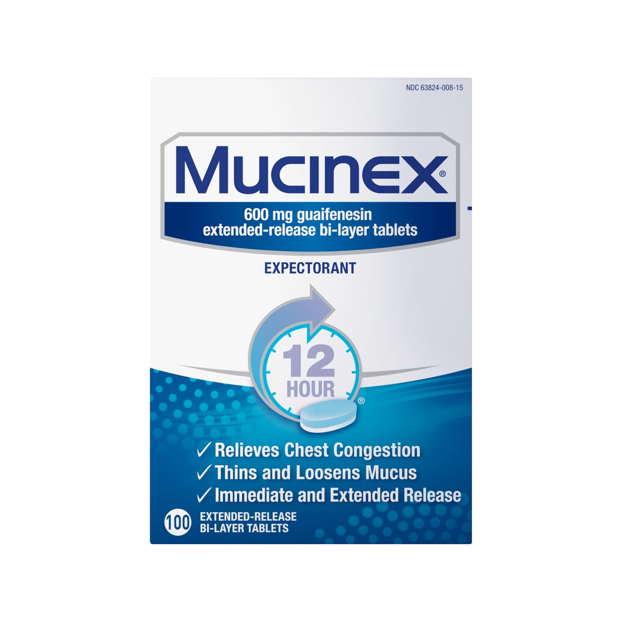 Mucinex 12 Hour Expectorant, OTC Medicine for Excess Mucus Relief, Chest Congestion, 100 Tablets