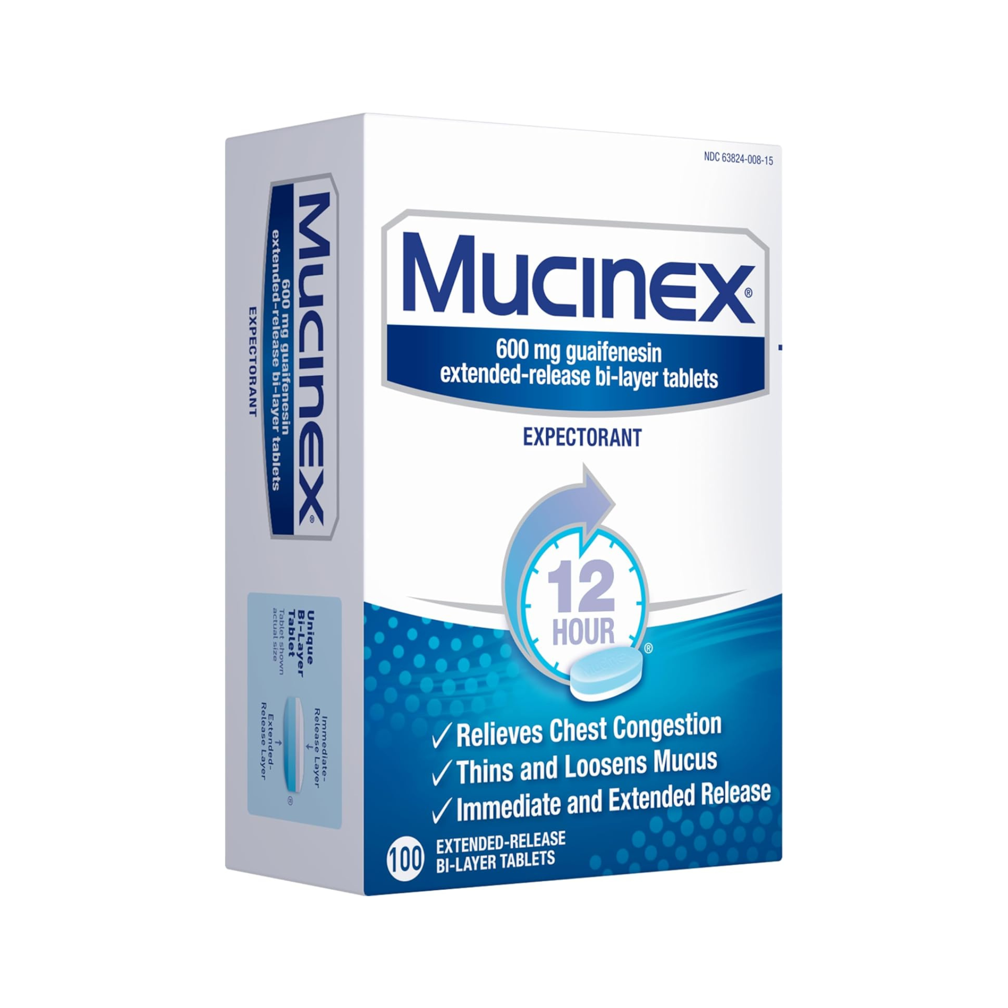 Mucinex 12 Hour Expectorant, OTC Medicine for Excess Mucus Relief, Chest Congestion, 100 Tablets