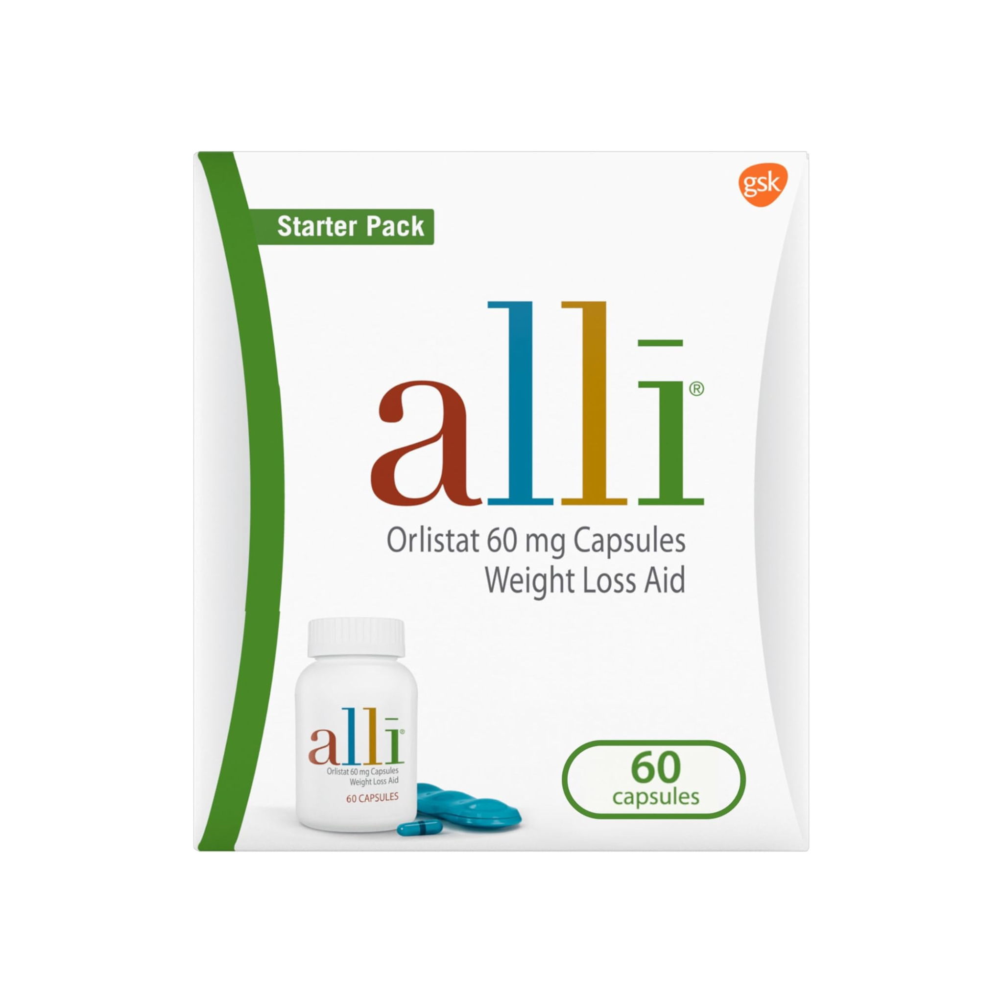 Alli, Orlistat, Weight Loss Aid, Starter Pack, 60 mg, 60 Capsules