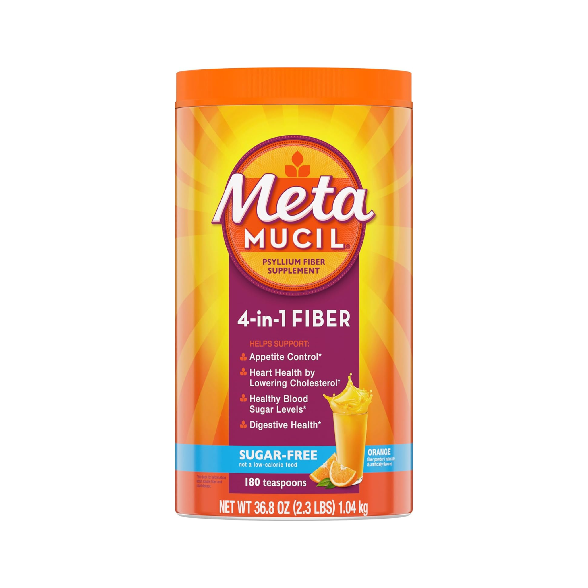 Metamucil Psyllium Fiber Supplement Sugar Free Powder - Orange Naturally Sourced Psyllium Fiber, 180 teaspoons