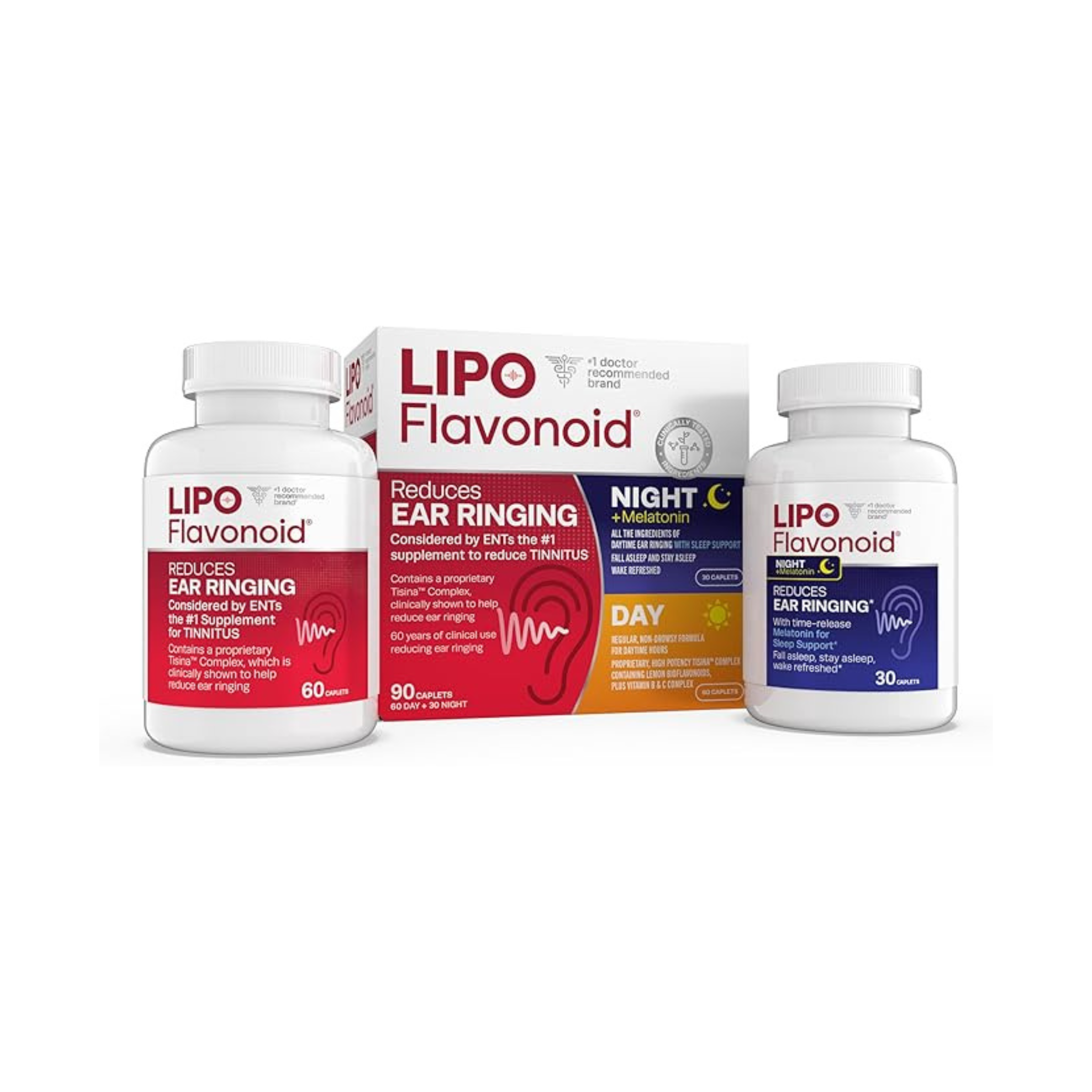 Lipo Flavonoid Day & Night Combo Kit, Tinnitus Relief for Ringing Ears, Lipo Flavonoid Plus & Lipo Flavonoid Night with Melatonin & Vitamin C, 90 Caplets