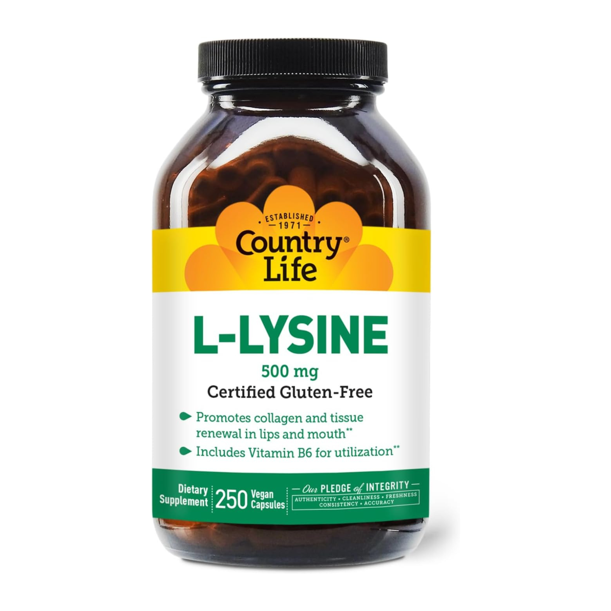 Country Life L-Lysine 500mg with B-6, Supports Immune Health, Promotes Collagen Renewal in Lips and Mouth, 250 Vegan Capsules, Certified Gluten Free, Certified Vegan