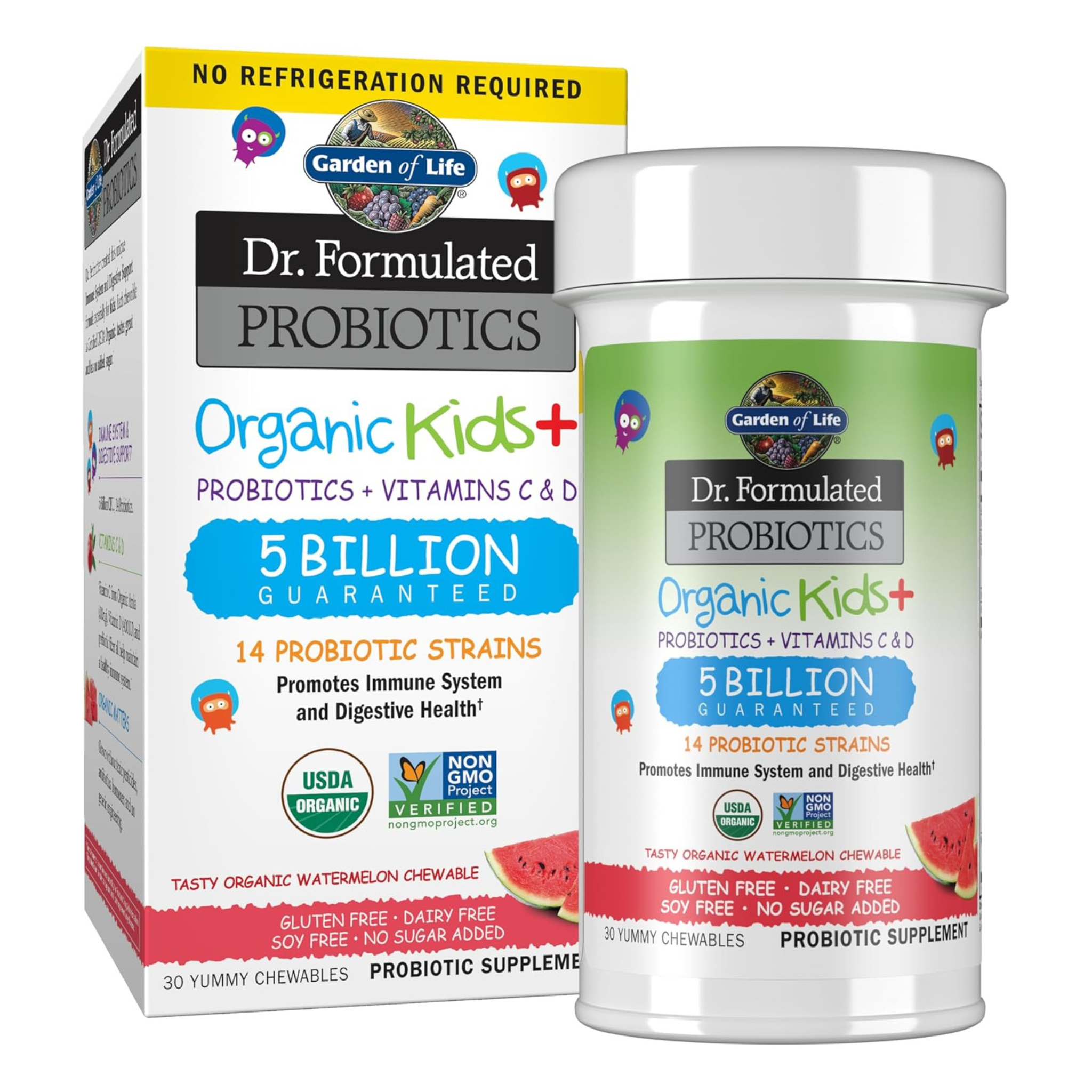 Garden of Life, Dr. Formulated Probiotics, Organic Kids + Probiotics + Vitamins C & D Chewables, Tasty Organic Watermelon, 30 Yummy Chewables