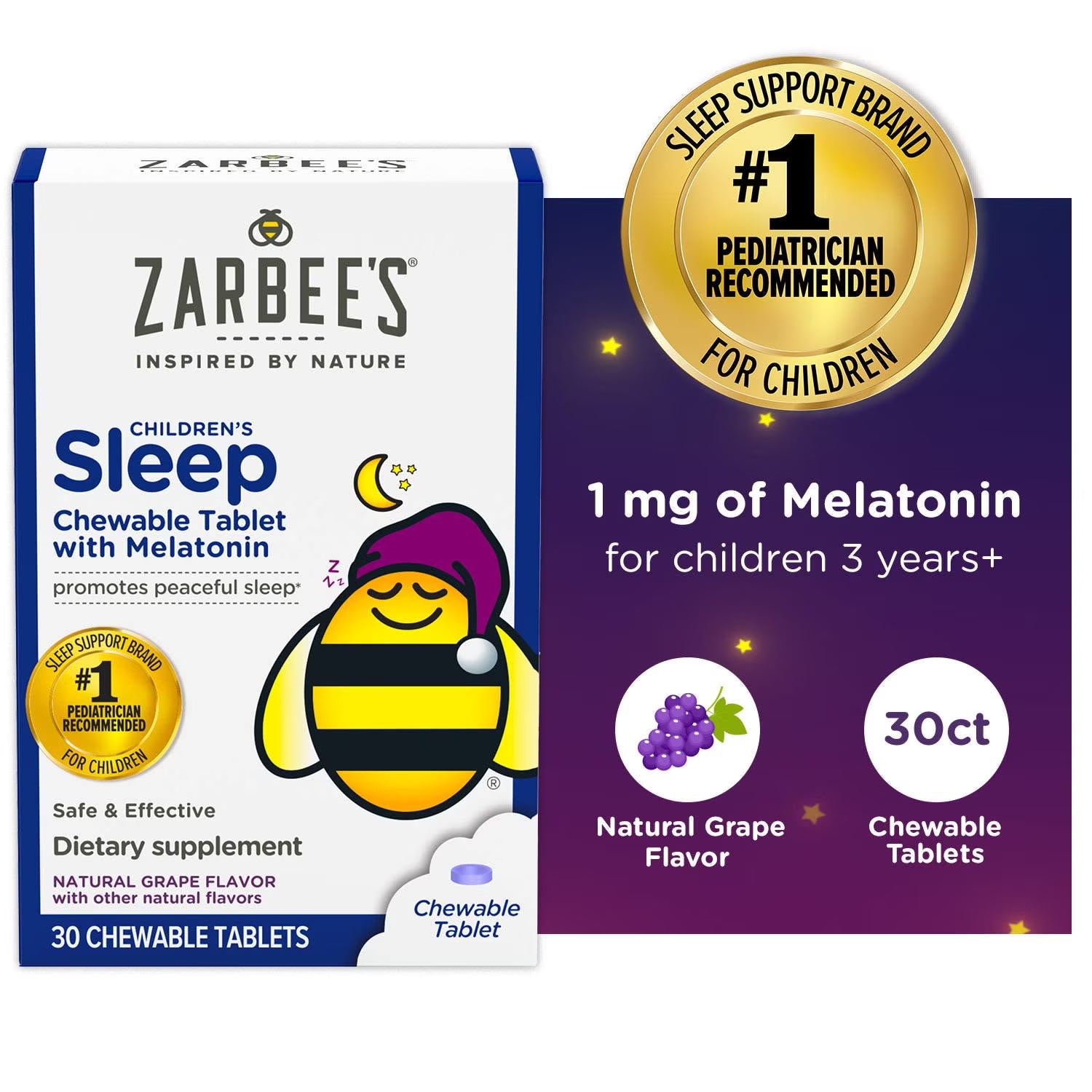 Zarbee's Children's Sleep Chewable Tablet with Melatonin, Grape, 30 Ct