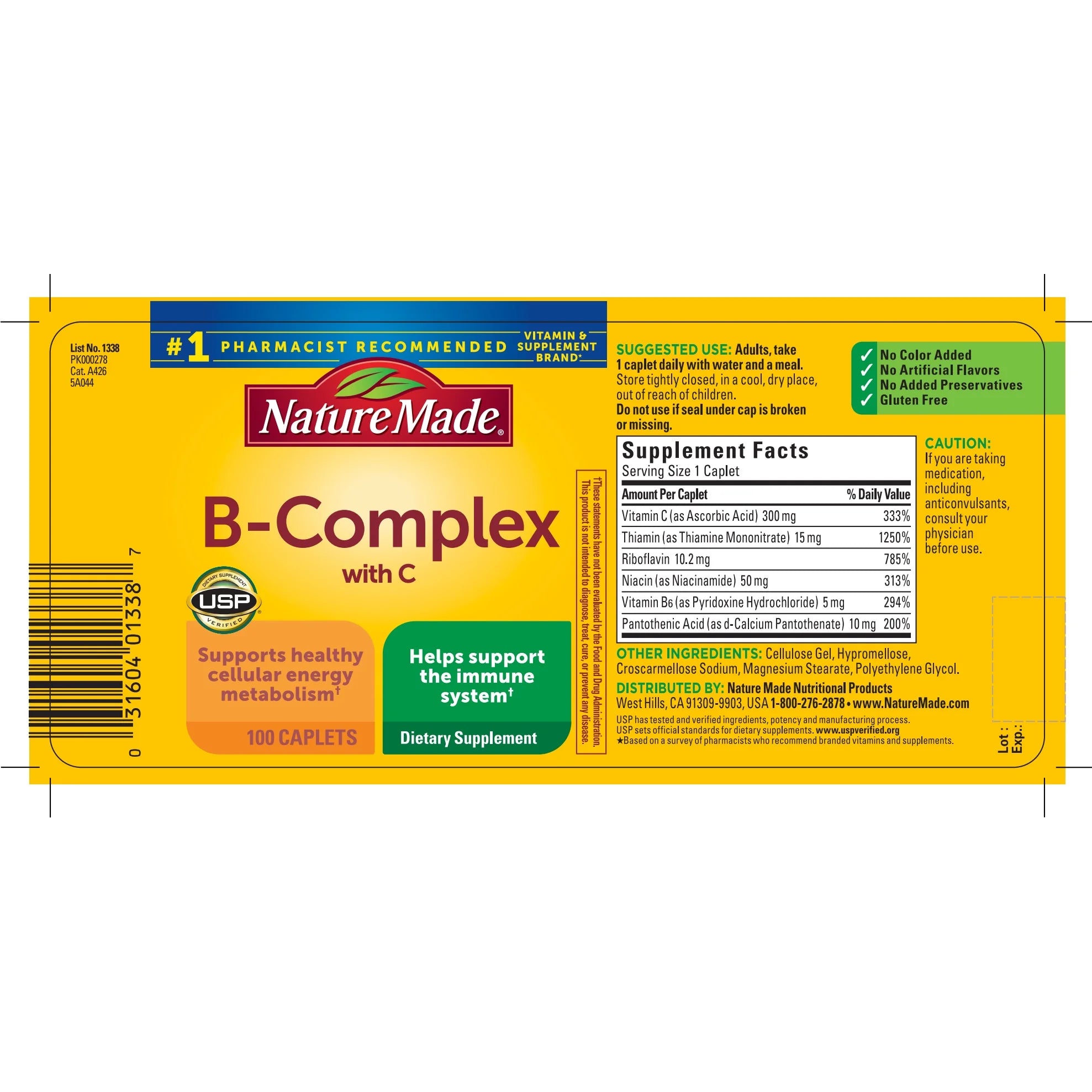 Nature Made B Complex With Vitamin C Caplets, Dietary Supplement, 100 Count