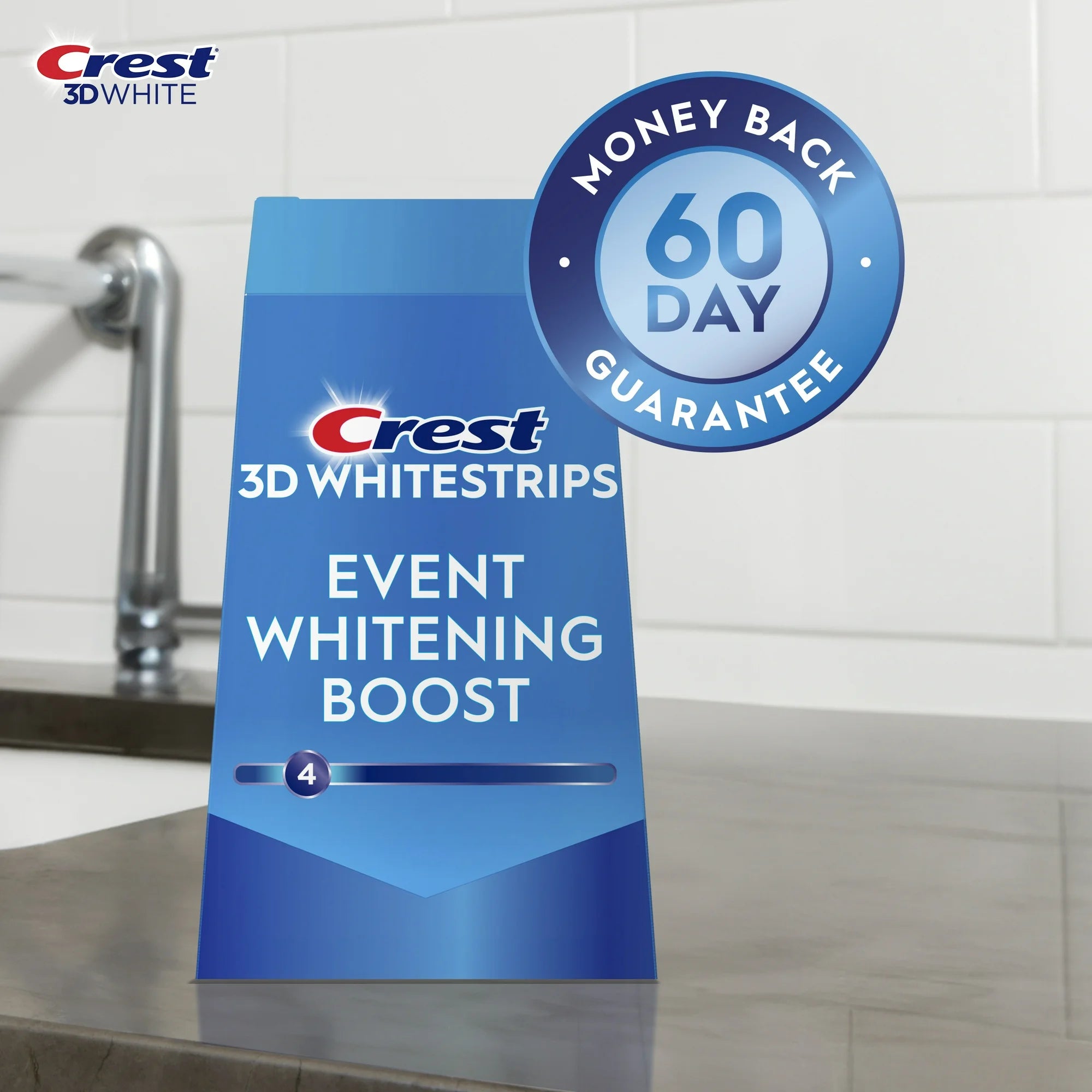 Crest 3D White strips Event Whitening Boost at-home Teeth Whitening Kit, 7 Treatments, 4 Levels Whiter