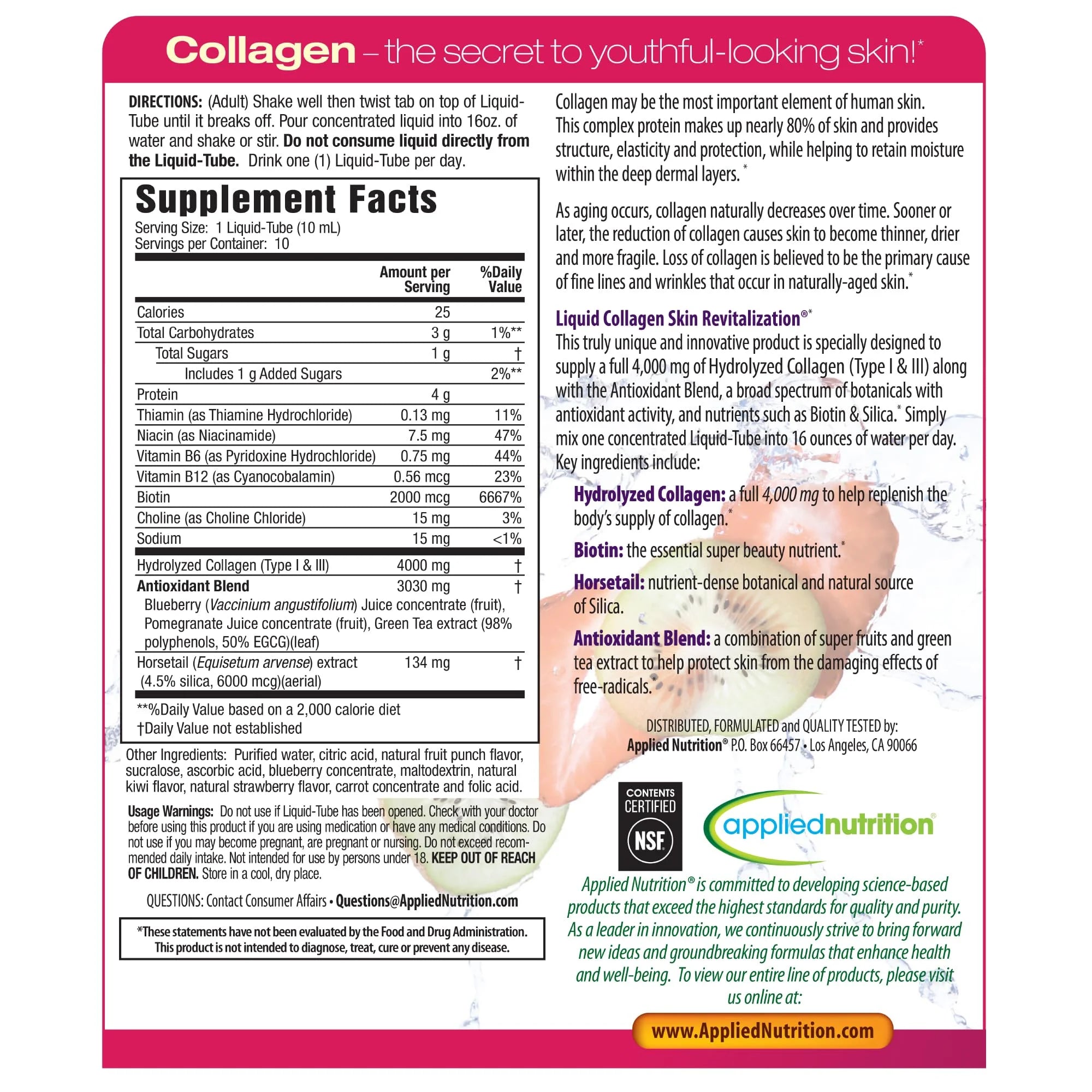 Applied Nutrition Liquid Collagen Skin Revitalization - 10 Liquid Tubes - Collagen, Biotin & Silica - Tropical Strawberry & Kiwi Flavor - 10 Servings