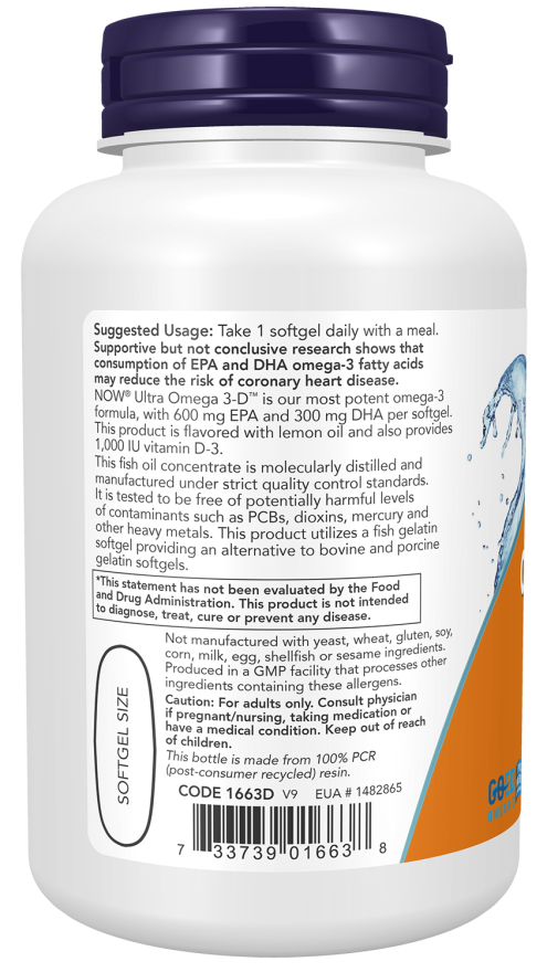 NOW Foods, Ultra Omega 3-D, 600 EPA / 300 DHA, 180 Fish Softgels