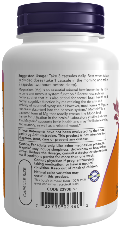 NOW Foods Supplements Magtein, Magnesium L-Threonate, Cognitive Support*, 180 Veg Capsules