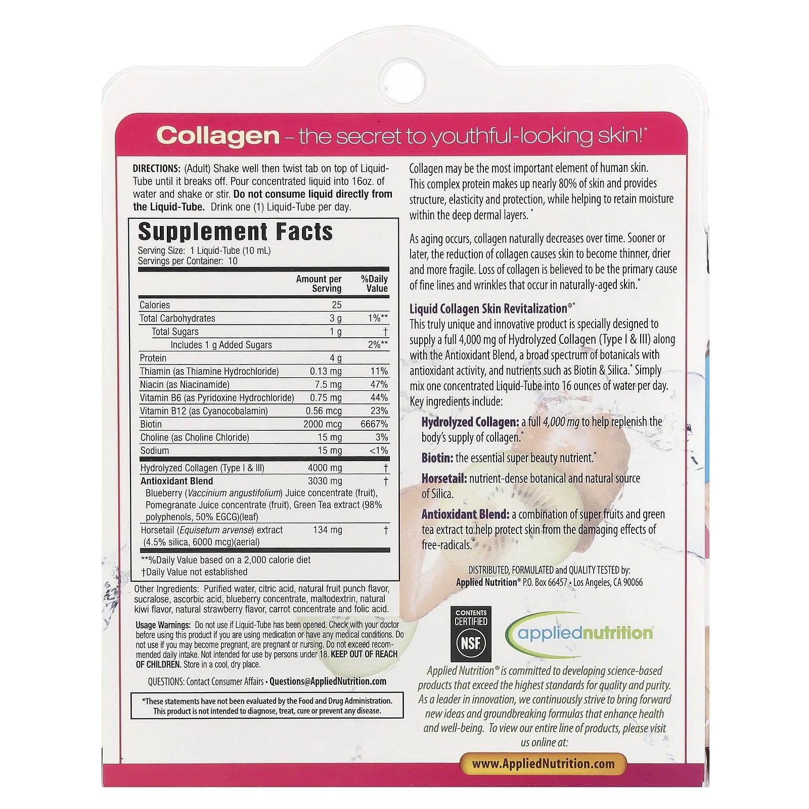 Applied Nutrition Collagen Skin Revitalization Liquid, Strawberry and Kiwi, 10 mL