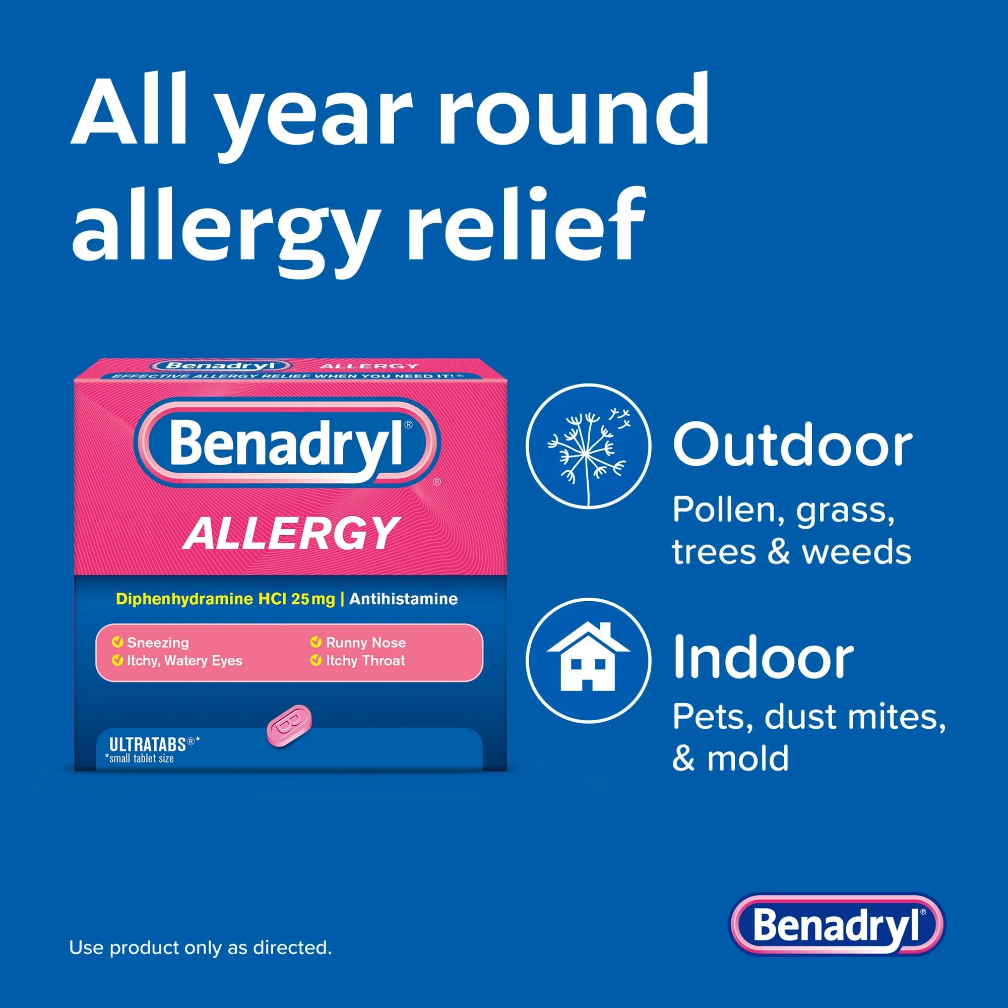 Benadryl Ultratabs Antihistamine Cold & Allergy Relief Tablets, 24 Count