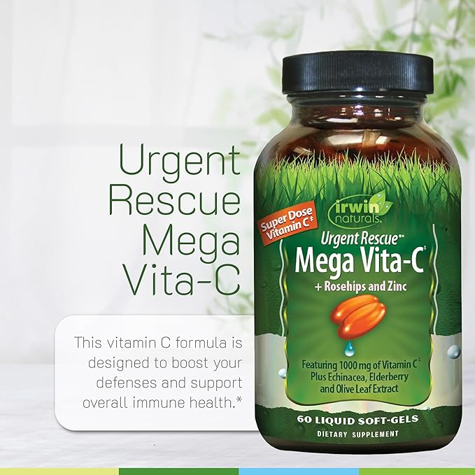 Irwin Naturals Urgent Rescue Mega Vita-C - 60 Liquid Softgels - 1,000 mg of Vitamin C - Immune Support Supplement with Rosehips and Zinc