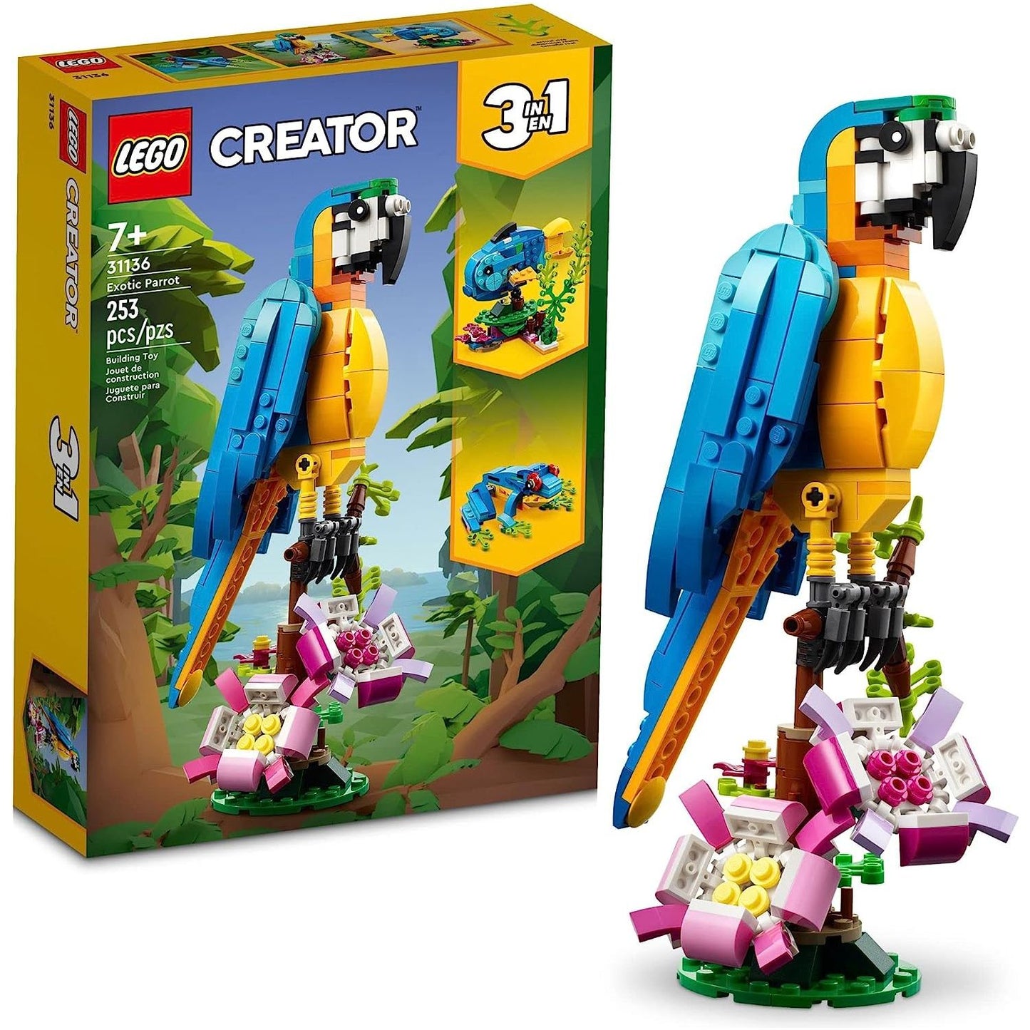 LEGO Creator 3 in 1 Exotic Parrot Building Toy Set, Transforms to 3 Different Animal Figures - from Colorful Parrot, to Swimming Fish, to Cute Frog, Creative Toys for Kids Ages 7 and Up, 31136