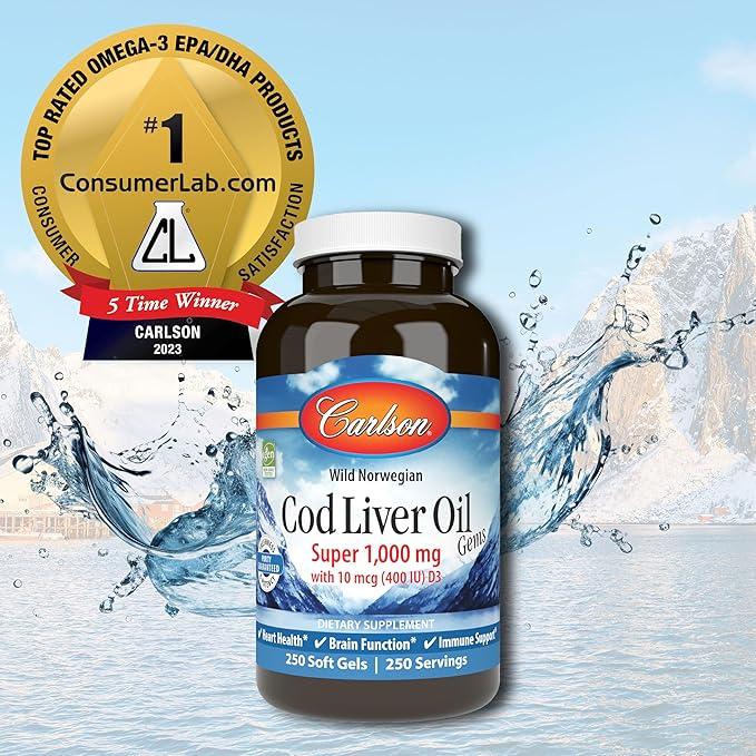 Carlson, Wild Norwegian, Cod Liver Oil Gems, 1,000 mg, 250 Soft Gels