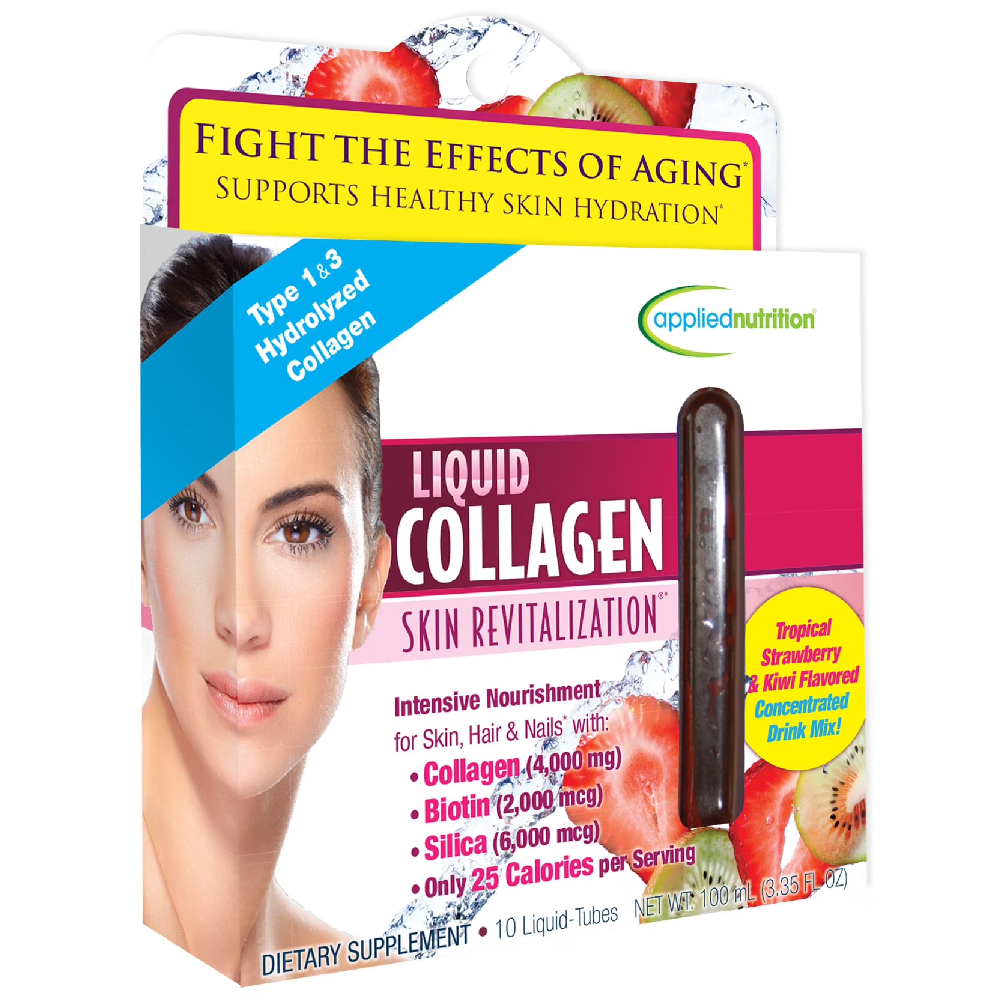 Applied Nutrition Liquid Collagen Skin Revitalization - 10 Liquid Tubes - Collagen, Biotin & Silica - Tropical Strawberry & Kiwi Flavor - 10 Servings