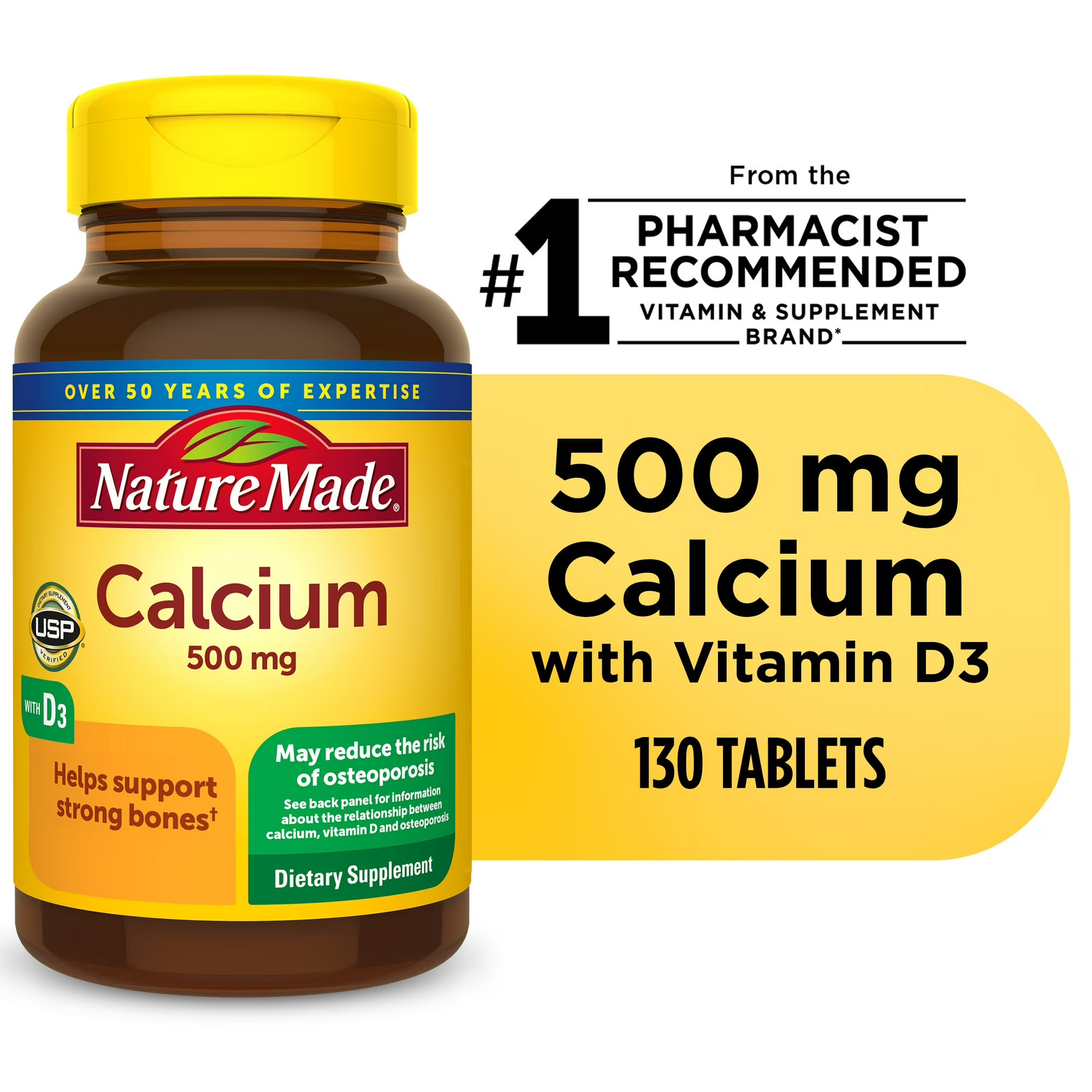 Nature Made Calcium 500 mg, with Vitamin D3 for Immune Support, Tablets, 130 Count helps support Bone Strength