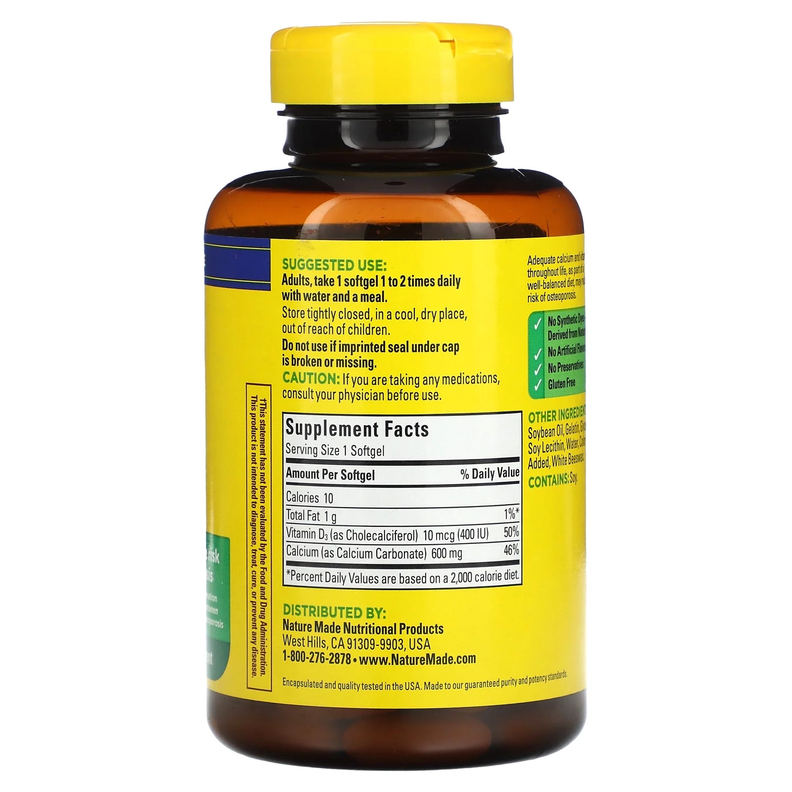 Nature Made Calcium 600 mg with Vitamin D3 Softgels, Dietary Supplement, 100 Count