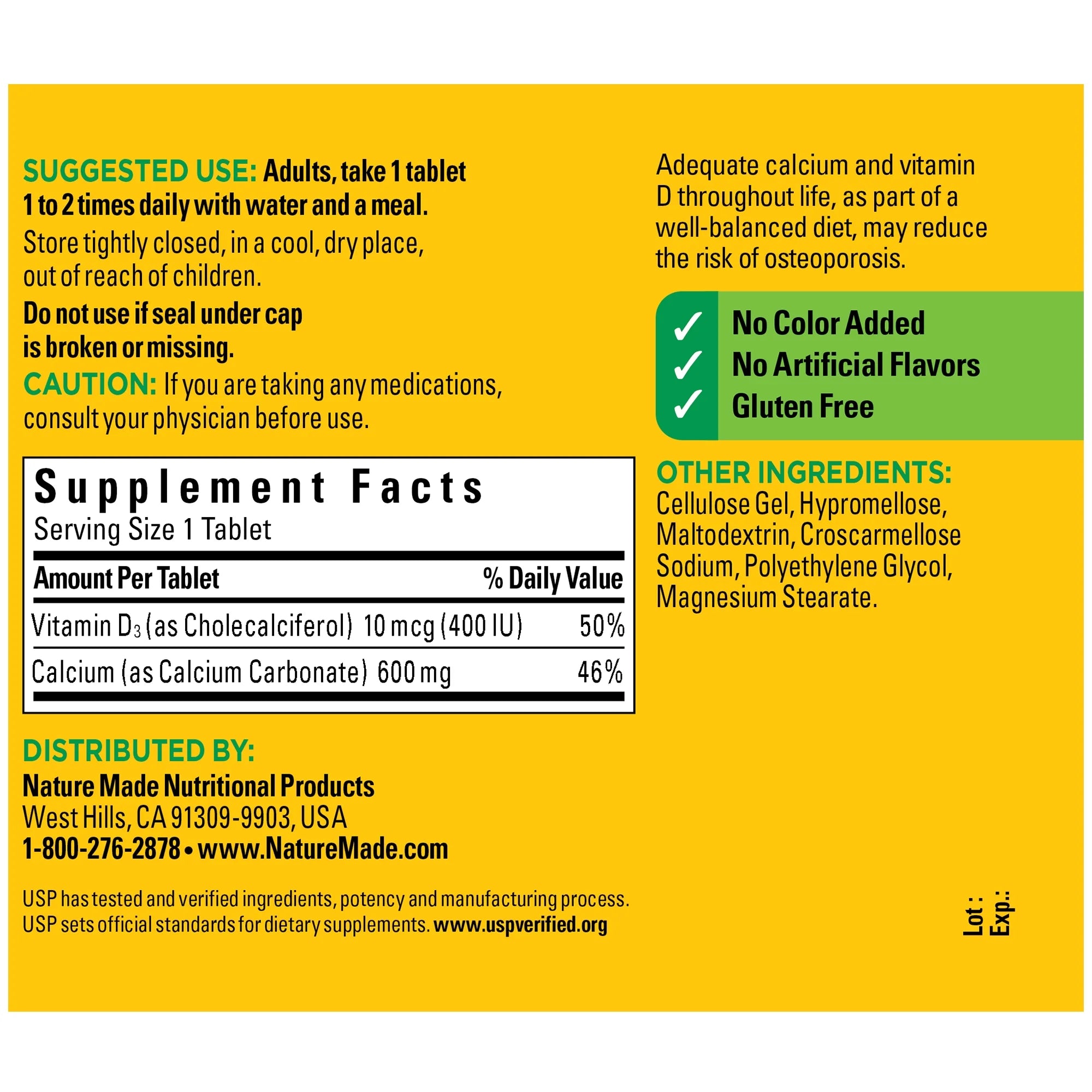 Nature Made Calcium 600 mg with Vitamin D3 Tablets, Dietary Supplement, 120 Count