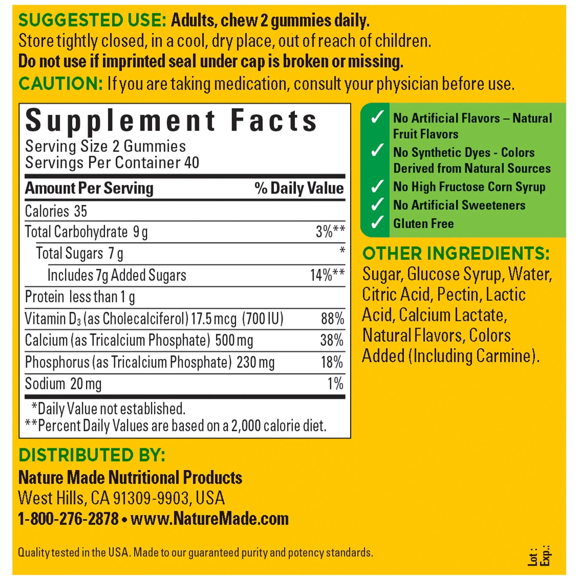 Nature Made Calcium 500 mg per Serving Gummies, Dietary Supplement for Bone Support, 80 Count