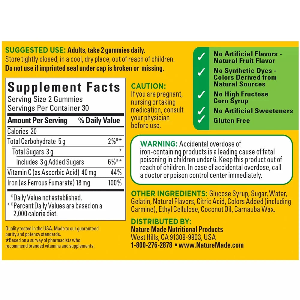 Nature Made Iron 18 mg Per Serving with Vitamin C Gummies, Dietary Supplement, 60 Count