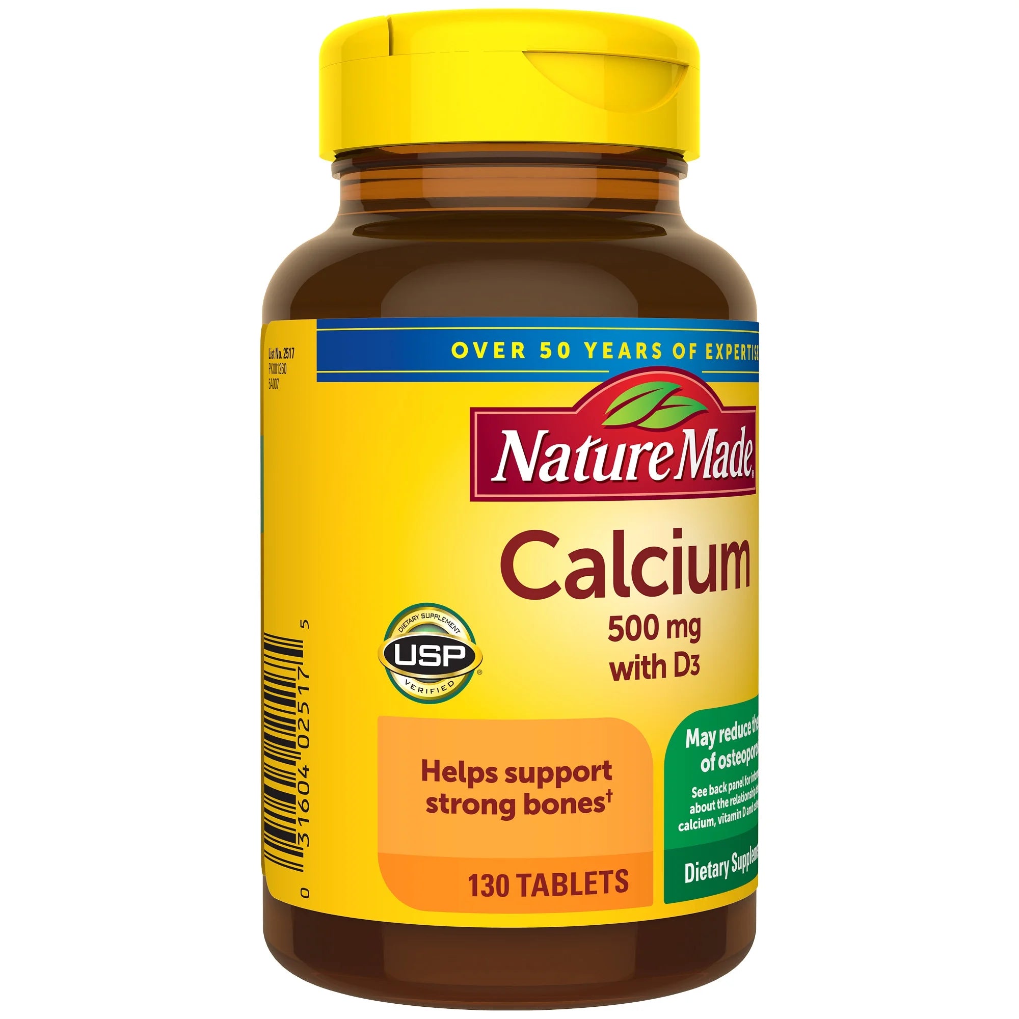 Nature Made Calcium 500 mg, with Vitamin D3 for Immune Support, Tablets, 130 Count helps support Bone Strength